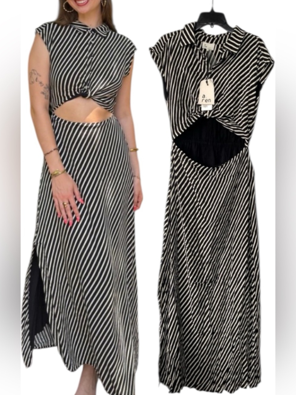 a.ren Adrien Rae Dress Women's Size L Black Beige Stripe Sleeveless CutOut Maxi